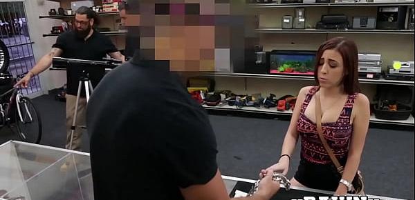  Seductive gal convinces broker to buy her stuff by fucking